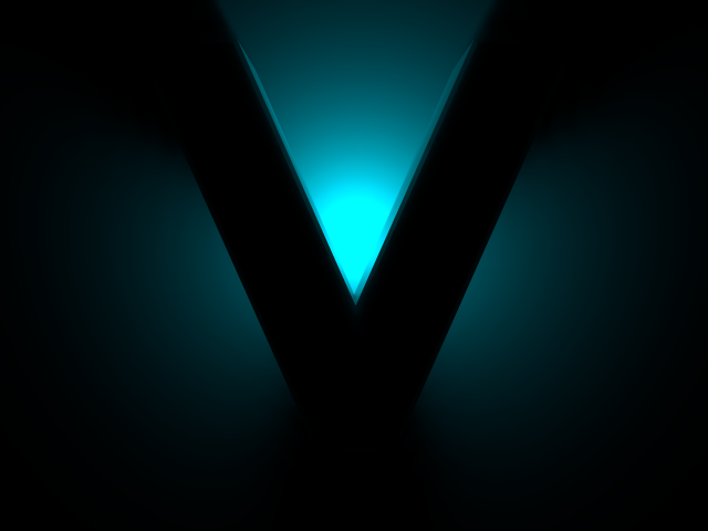 Большой черный знак V на синем фоне