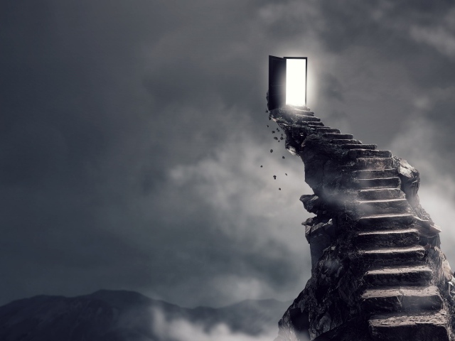 Каменная лестница ведет к двери в небе 