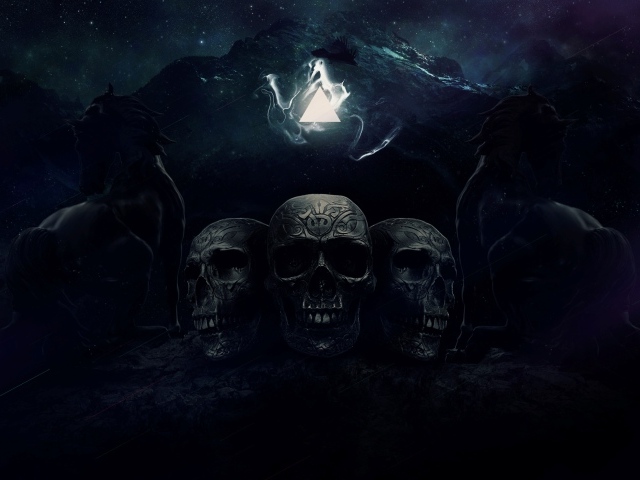 Три черепа на фоне гор с лошадьми, фэнтези