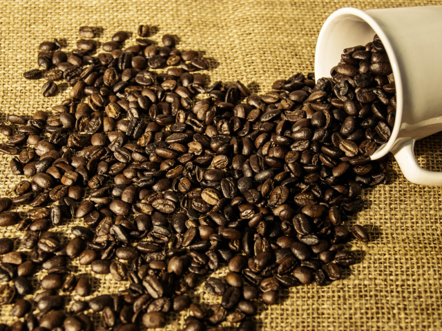 Кофейные зерна высыпаются из белой чашки 