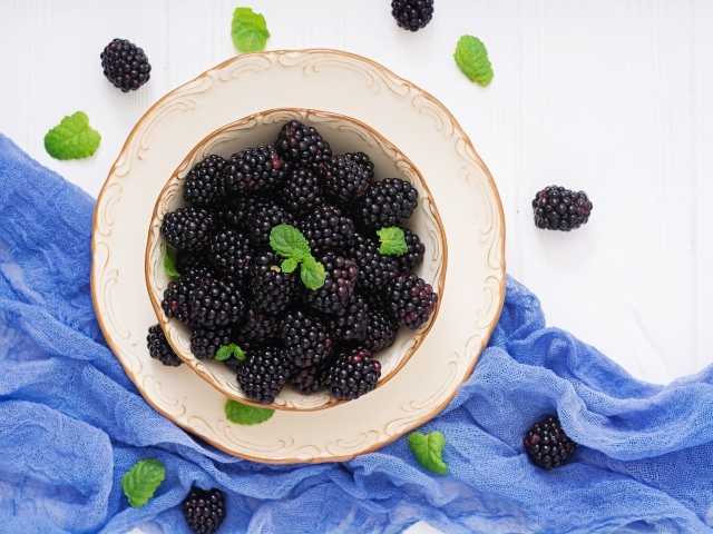 Вкусная спелая ежевика в тарелке на белом фоне с синей тканью 