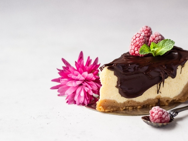 Кусок чизкейка с шоколадом на столе с малиной и цветком
