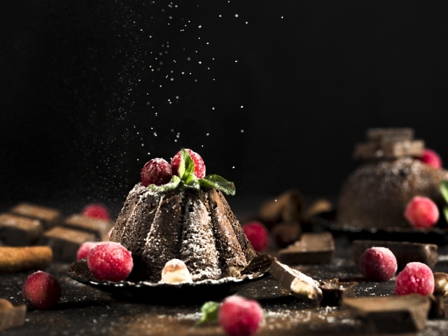 Шоколадный десерт на столе с ягодами клюквы 