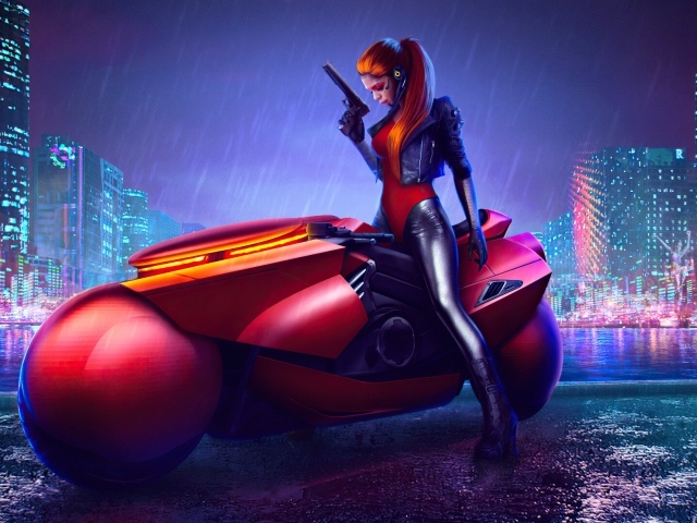Девушка на фантастическом мотоцикле из видеоигры Cyberpunk