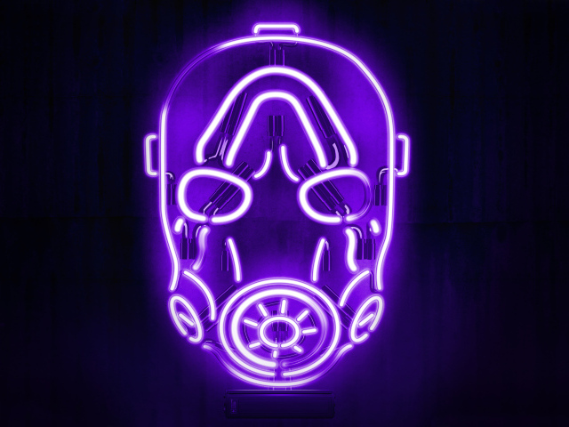 Маска из видеоигры Borderlands на сиреневом фоне