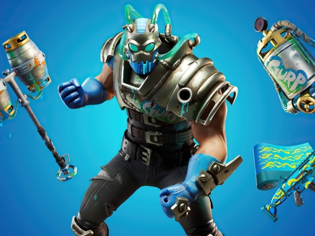 Воин выбирает оружие в игре Fortnite на голубом фоне