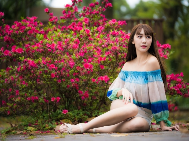 Молодая девушка азиатка сидит у куста с розовыми цветами