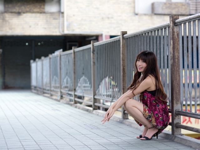 Девушка азиатка в сарафане сидит у железного забора 