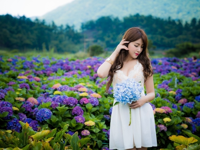 Красивая девушка азиатка в белом платье с цветами гортензии 