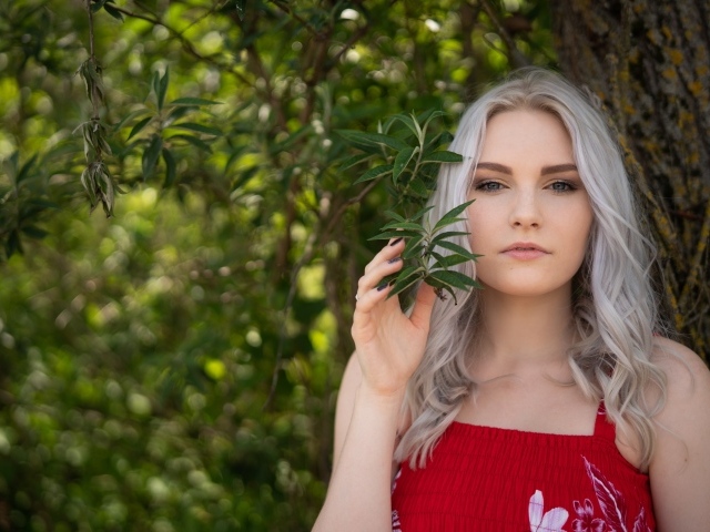 Красивая блондинка стоит у дерева 