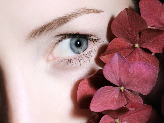 Глаз красивой девушки с красными цветами
