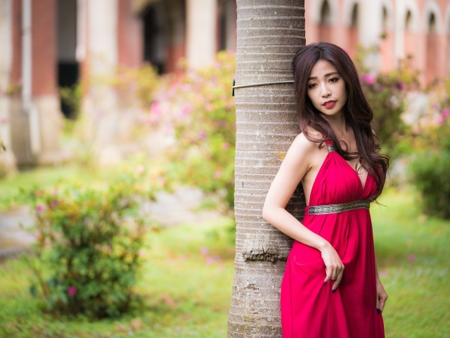 Стройная азиатка в красном платье у дерева 