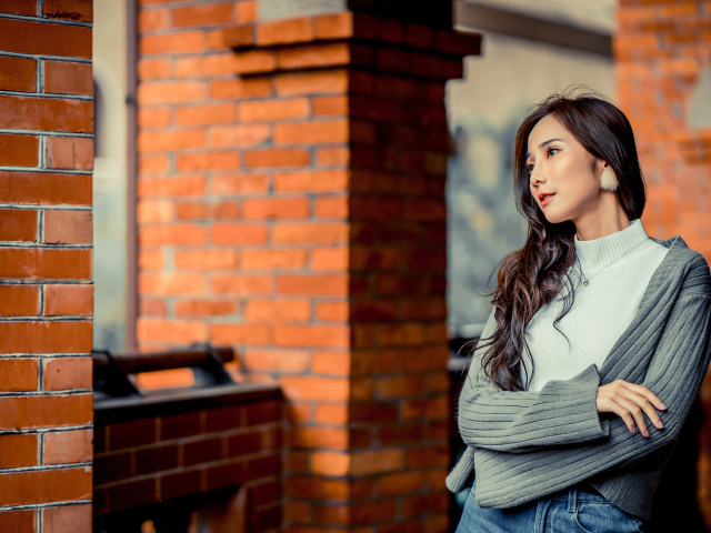Молодая девушка азиатка в серой кофте у кирпичной стены 