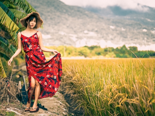 Молодая азиатка в сарафане на рисовом поле 