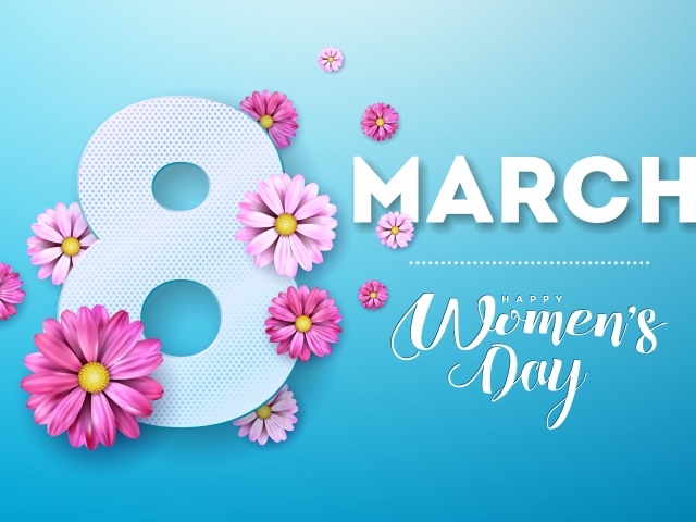 Открытка на голубом фоне на Международный женский день 8 марта