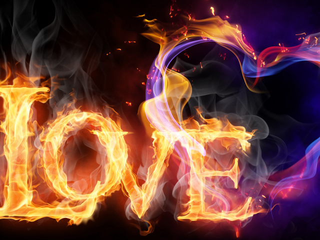 Огненное сердце и надпись любовь на черном фоне