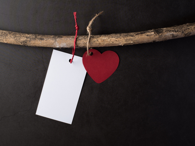 Красное сердечко и белый лист бумаги на ветке 