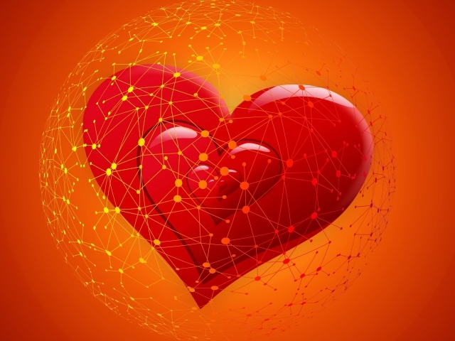 Красное сердце во всемирной паутине на оранжевом фоне