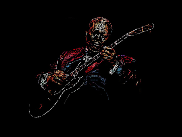 Образ гитариста Би Би Кинга надписями на черном фоне 