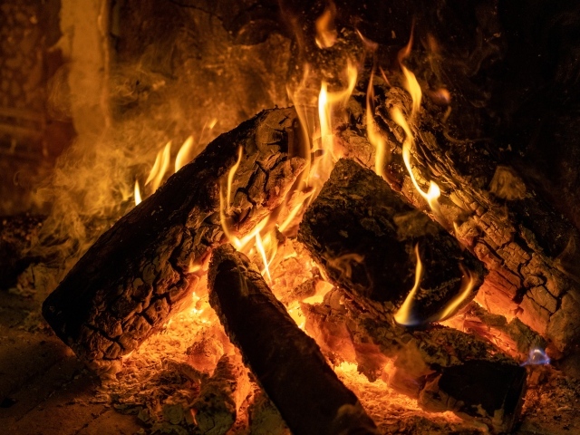 Горящие поленья в камине крупным планом