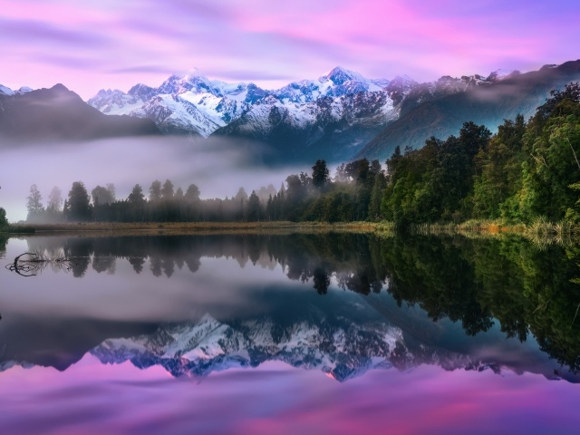 Зеленый лес у туманного озера на фоне гор