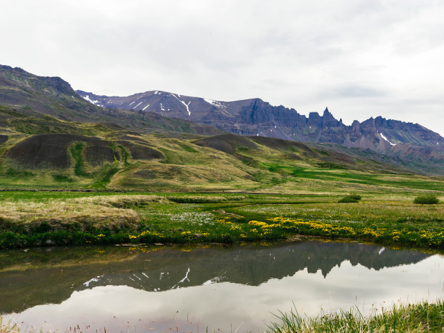 Озеро у холмов с зеленой травой в горах