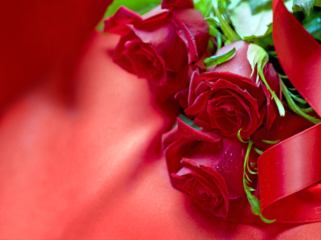 Три красные розы с атласной лентой на красной ткани