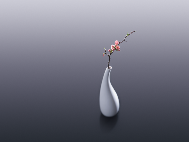 Белая ваза с веткой с розовыми цветами на сером фоне