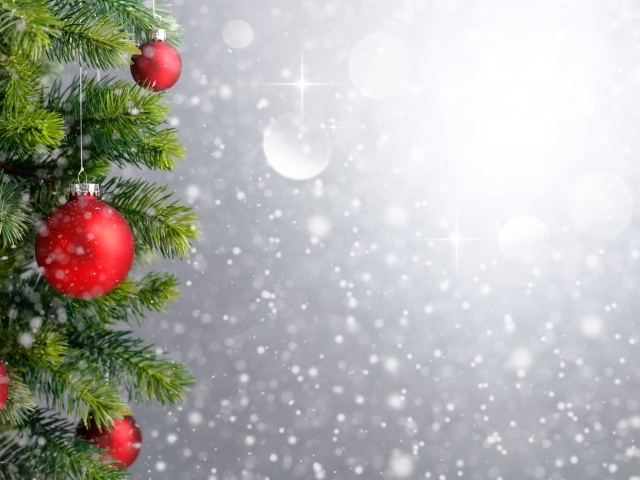 Еловая ветка с красными шариками, фон для новогодней открытки 