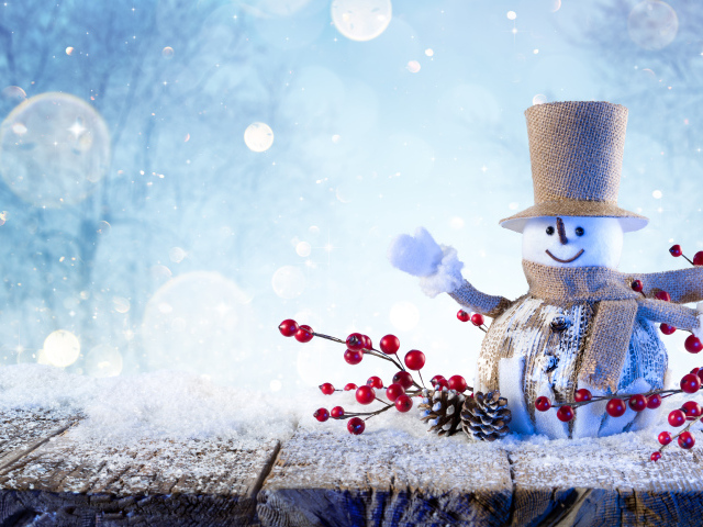 Снеговик на деревянном полу, фон для открытки на Новый год 