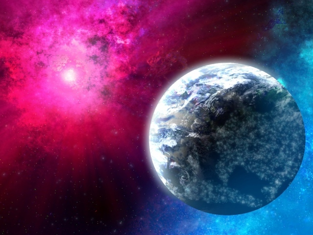 Планет земля на розовом фоне в космосе 