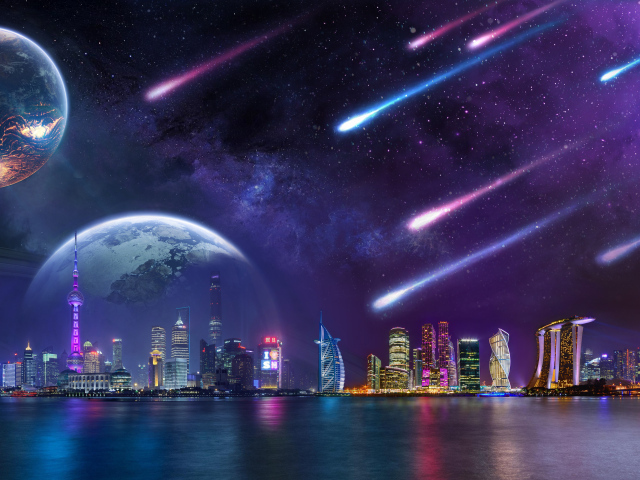 Метеориты в небе с планетами надают на мегаполис ночью