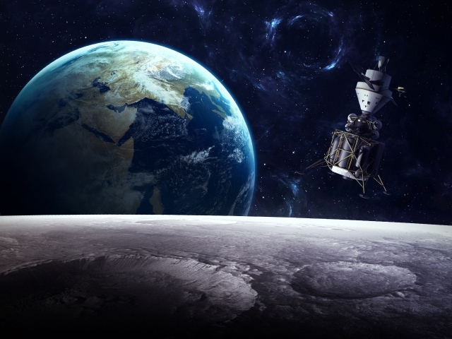 Вид с луны на спутник и планету Земля в космосе 