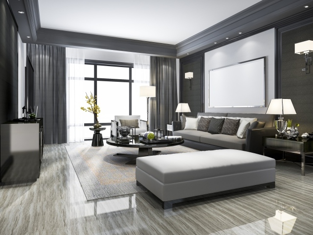 Серая мебель в гостиной  комнате с большим окном