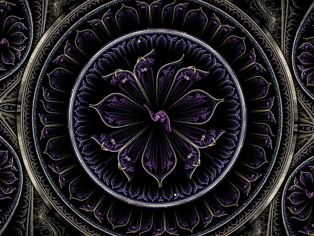 Красивый фиолетовый фрактальный рисунок с золотыми линиями
