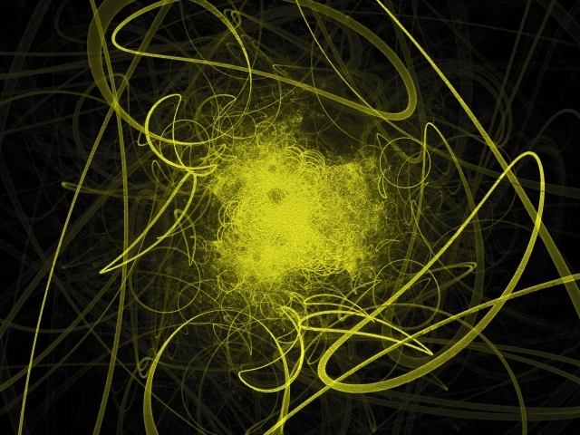 Яркие желтые волнистые лучи света на черном фоне