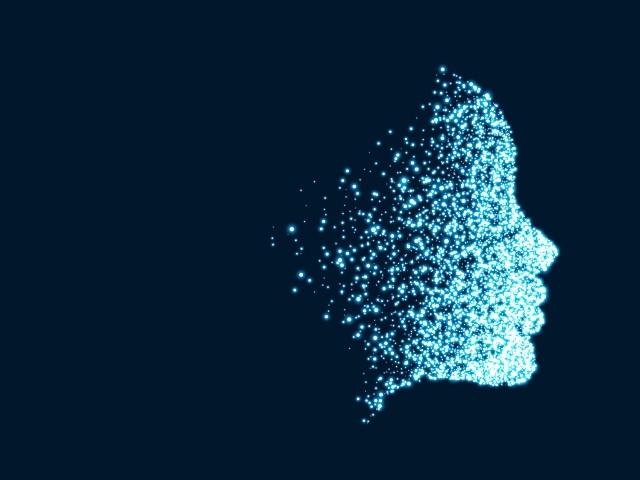 Лицо девушки из неоновых точек на синем фоне 