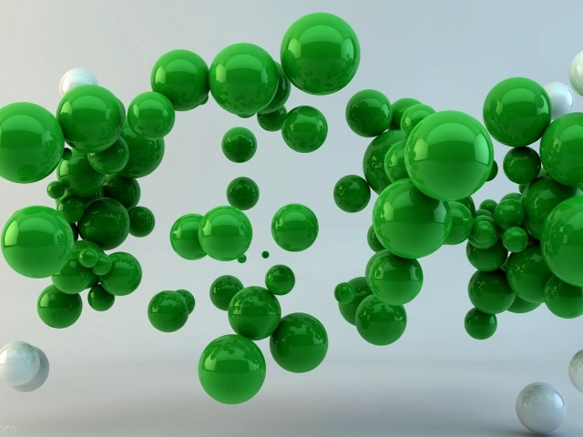 Зеленые шары в воздухе на сером фоне 3д