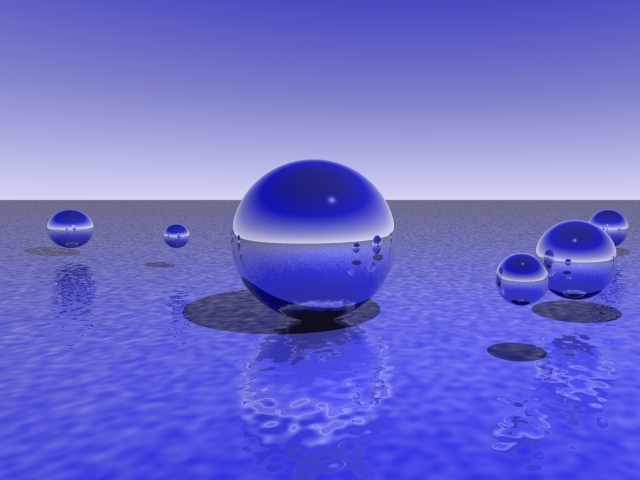 Фиолетовые 3д шары над водой 
