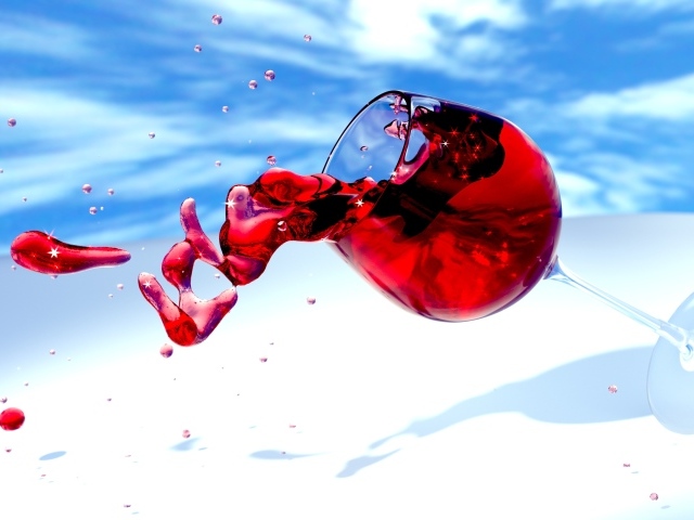 Вино выливается из бокала на фоне неба 3д графика