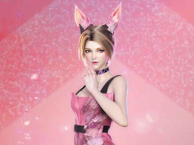 Девушка аниме с ушами белки на розовом фоне