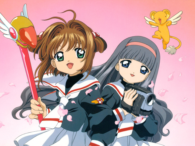 Две девушки аниме с камерой на розовом фоне