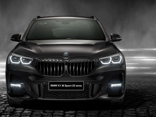 Черный автомобиль BMW X1 SDrive20i M Sport 25 Anos 2020 года вид спереди