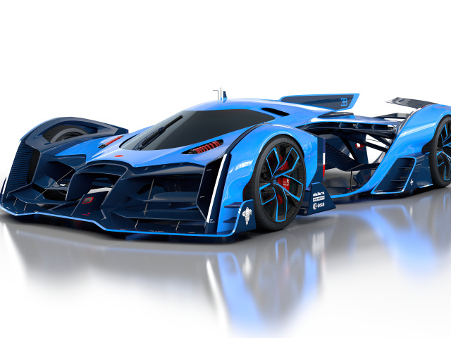 Синий спортивный автомобиль Bugatti Vision Le Mans, 2021 года на белом фоне