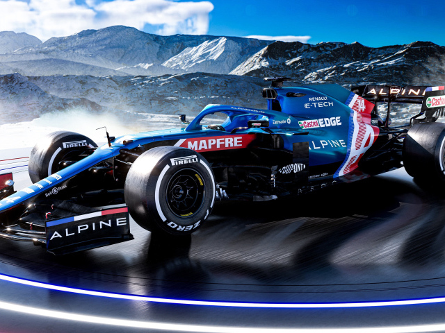 Гоночный Alpine A521 2021 года F1 Car на фоне гор