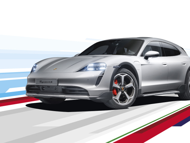 Автомобиль Porsche Taycan 4S Cross Turismo 2021 года на белом фоне