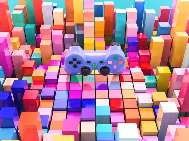 Игровой пульт от приставки Playstation на фоне четырехугольников 