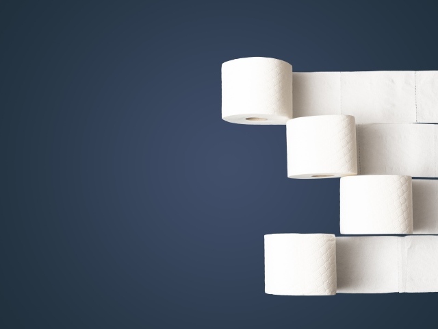Четыре рулона белой туалетной бумаги на сером фоне