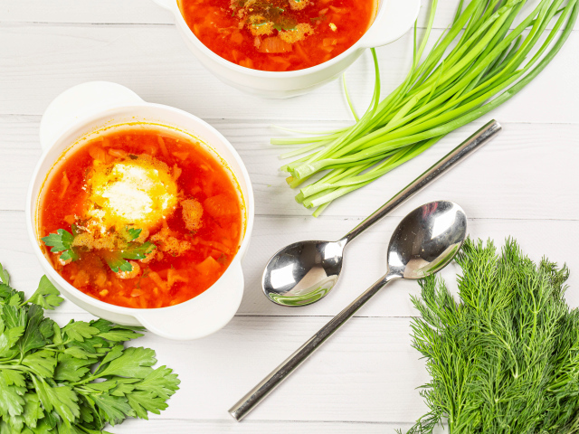 Две тарелки борща на столе с зеленью петрушки, луком и укропом