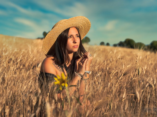 Красивая девушка в шляпе сидит на поле с пшеницей